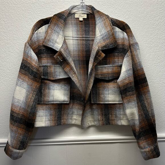 Elan Women’s Sz M Plaid Pattern Short Jacket, Pockets, Blue, Brown, Tan & Cream - Picture 4 of 15